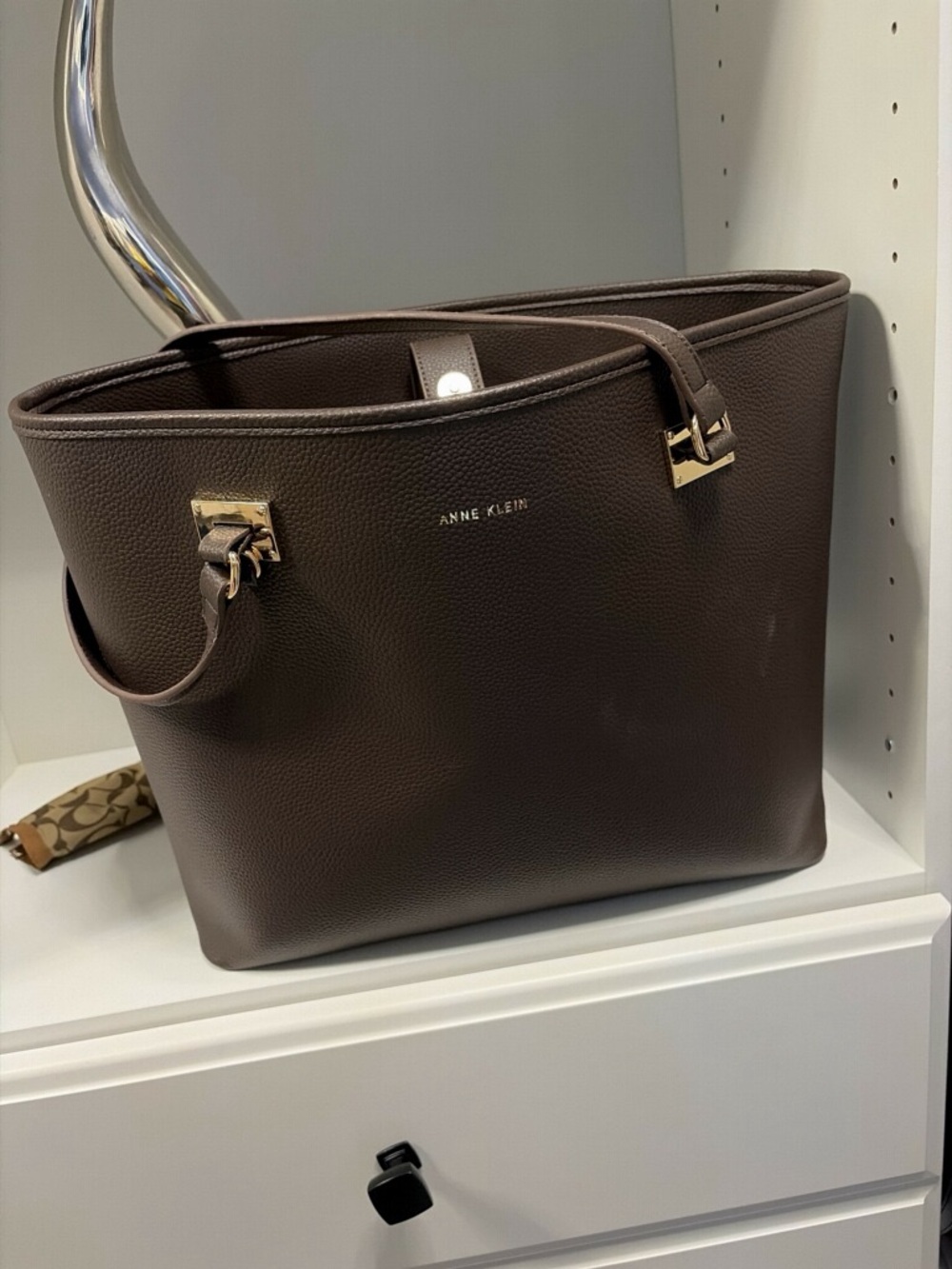Anne Klein Dark Brown Pebbled Tote with Gold Hardware